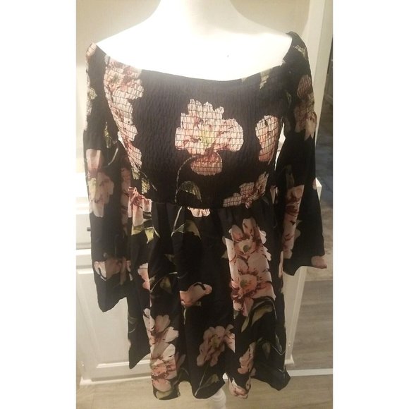 ONEYIM Women's Mini Dress Sz L Floral Long Sleeve Off Shoulder Casual - Picture 1 of 4